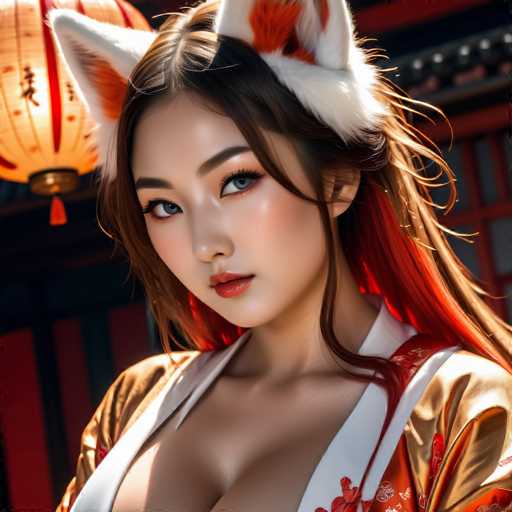 The image shows a woman with long brown hair wearing an orange and white kimono. She is also wearing a pair of cat ears on her head as part of the outfit. The background features traditional Chinese lanterns hanging from the ceiling, creating a warm and inviting atmosphere.