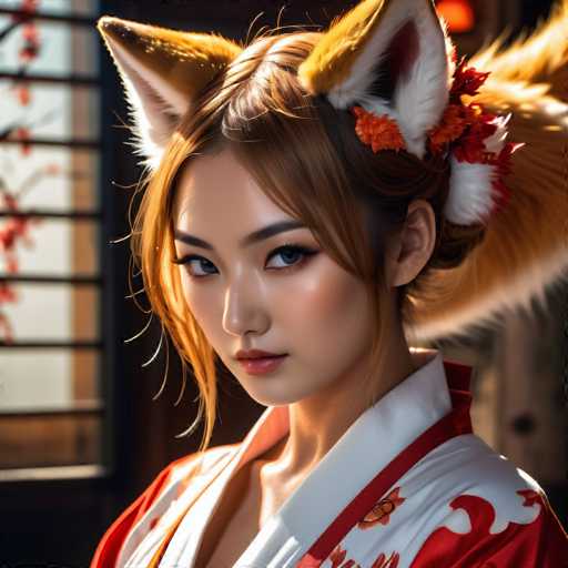 The image shows a young woman with long brown hair wearing an ornate red and white kimono adorned with gold accents. She is also wearing a headpiece that resembles the ears of a fox or a dog. The background features a window with blinds and a tree outside, creating a serene atmosphere for the scene.