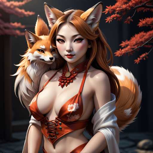 The image depicts a woman with long brown hair wearing an orange dress and red earrings standing next to a fox with white fur against a dark background. The fox is positioned behind the woman's back, creating a sense of depth in the scene.