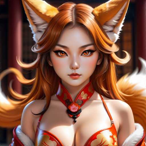 The image shows a close-up portrait of a woman with long brown hair and striking red eyes. She is wearing a traditional Chinese outfit that includes a red dress adorned with gold accents and a matching headpiece featuring two large white fox ears. The background features a traditional Chinese building, suggesting the scene may be set in China or inspired by Chinese culture.