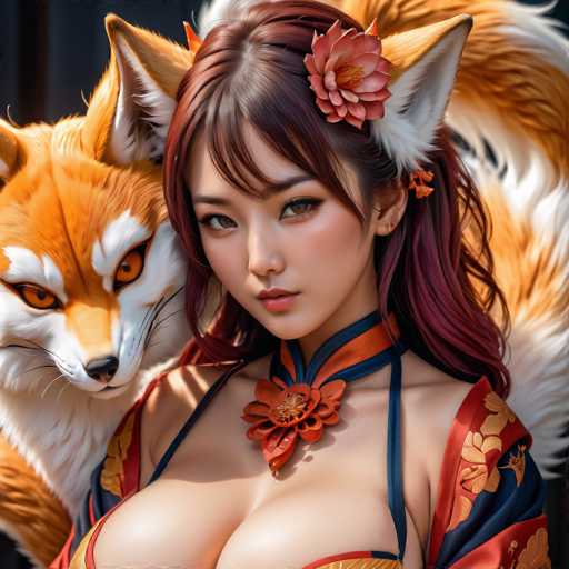 The image shows a woman with red hair wearing an orange and blue dress adorned with flowers on her head. She is standing next to a fox with white fur that has its tail curled up behind it. The fox's eyes are wide open as if looking at the camera.