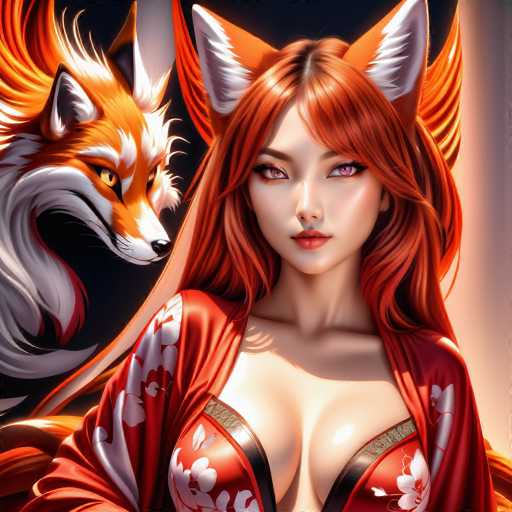 The image depicts a woman with long red hair wearing a red and white kimono, standing next to an orange fox with white fur. The fox is positioned behind the woman, creating a sense of depth in the scene.