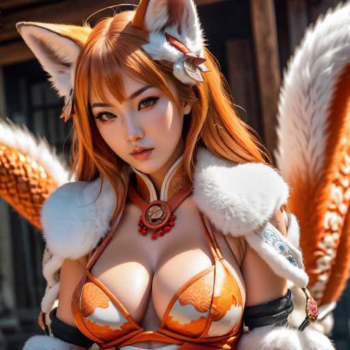 The image shows an anime character with long red hair and a white collar, wearing an orange bikini top and white fur coat. The character is standing against the backdrop of a wooden building with a window.