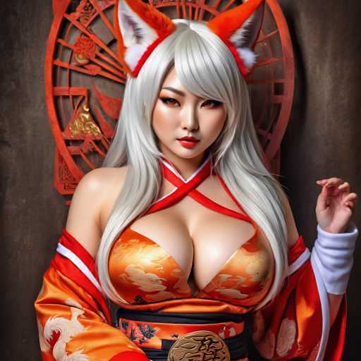 The image shows a woman with white hair and red ears wearing an orange and gold outfit that includes a kimono and a headpiece. She is posing against a dark background, which contrasts with her colorful attire. The woman's pose suggests she might be in the middle of a performance or a photoshoot.