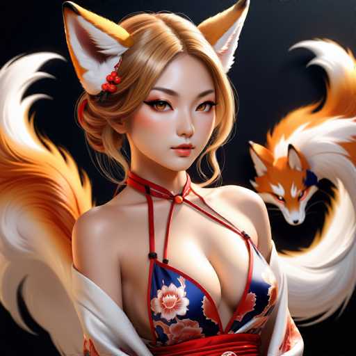 The image depicts a woman with blonde hair and brown eyes wearing a traditional Japanese kimono with a red collar and a matching red and white flower design on the skirt. The background is black, which contrasts with her attire and accentuates her features. A fox with orange fur is also present in the scene, adding an element of fantasy to the composition.