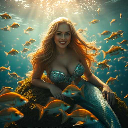 A woman with blonde hair and a blue mermaid tail is sitting on a rock surrounded by fish.