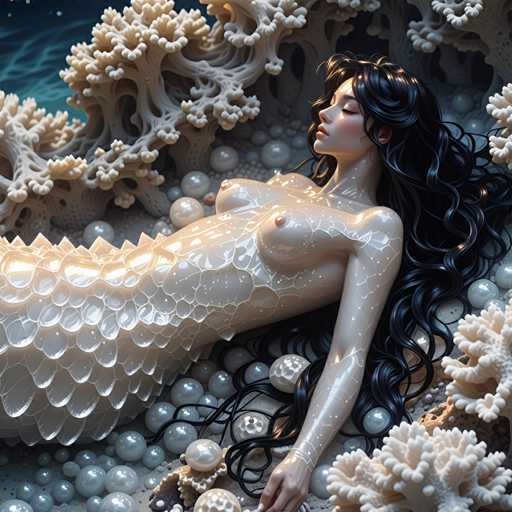 The image depicts a mermaid with long black hair lying on her back and surrounded by white pearls and coral reefs. The mermaid is positioned centrally within the frame, drawing the viewer's attention to her unique form.