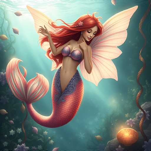 A mermaid with long red hair and a flower on her head is swimming through the ocean surrounded by green plants and rocks.