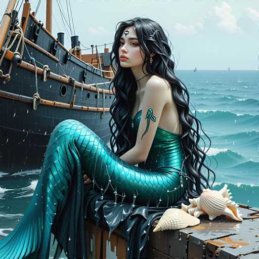 A woman with long dark hair is sitting on a wooden dock next to a ship. She is wearing a mermaid tail and holding a shell. The background shows the ocean with waves crashing against the shore.