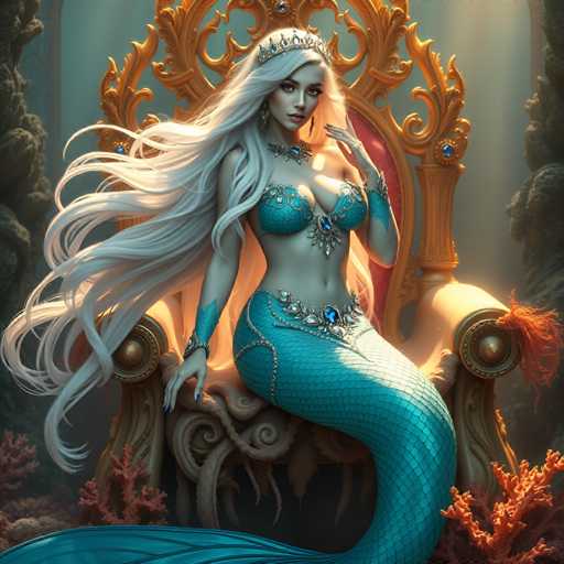 A woman with long blonde hair is seated on a golden throne adorned with jewels and wearing a blue dress that features a large diamond at the center of her chest. The throne is situated within an underwater cave setting, characterized by coral reefs and other marine life in the background.