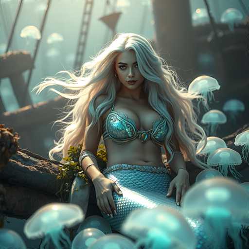 A woman with blonde hair wearing a mermaid tail and bikini top is the main subject of this image. She is surrounded by numerous jellyfish floating around her, creating an underwater scene. The background features a shipwreck or boat structure, adding to the overall maritime theme.