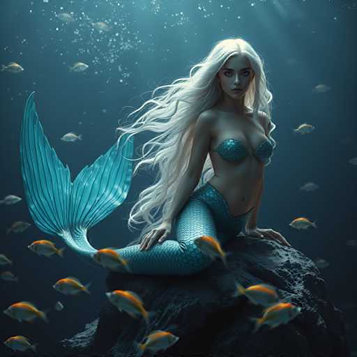 A woman with blonde hair and blue mermaid tail is sitting on a rock surrounded by fish.