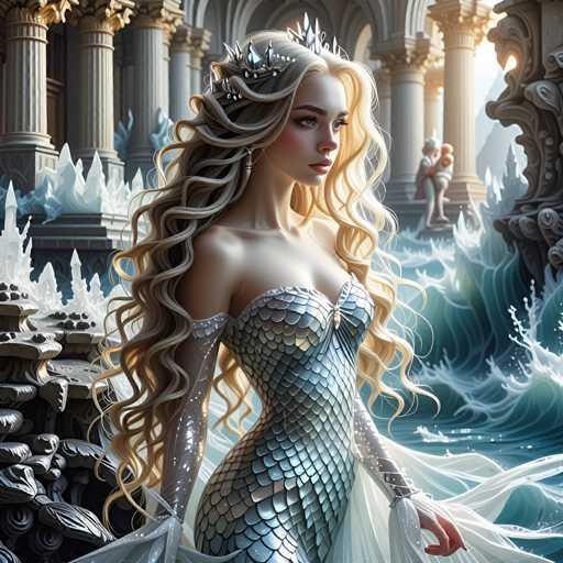 The image depicts a woman with blonde hair wearing a silver dress adorned with scales and a crown on her head. She is standing in front of a large body of water, which appears to be turbulent due to the waves crashing against it. The background features several columns and statues, suggesting that this scene takes place within an ancient or historical setting.