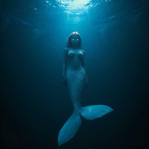 A mermaid stands in the center of a deep blue ocean, her tail flowing behind her as she faces towards the right side of the image. The background is dark and filled with water, creating an underwater scene that emphasizes the mermaid's presence.