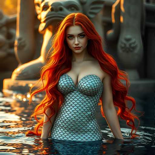 A woman with long red hair is standing in a body of water, wearing a mermaid tail and holding a fish in her hand. The background features stone statues and columns, suggesting an ancient or historical setting.