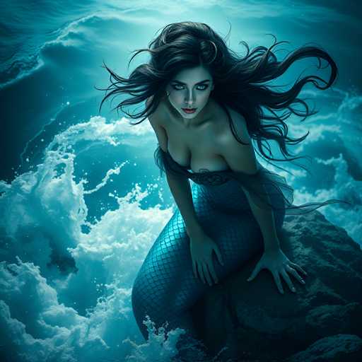 The image depicts a woman with long dark hair and a mermaid tail, sitting on a rock in the ocean surrounded by waves. The mermaid tail is adorned with a mesh pattern that adds to its mythical appearance.