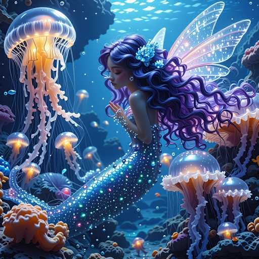 A mermaid with long purple hair and a flower on her head is the main subject of this digital illustration. She is surrounded by various sea creatures such as jellyfish and starfish, which create an underwater scene in shades of blue and orange. The background features a rocky cliff adorned with glowing jellyfish, adding to the magical atmosphere of the image.