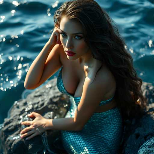 A woman with long brown hair is sitting on a rock by the water's edge wearing a mermaid tail and top.