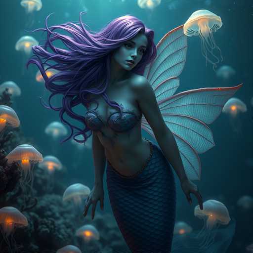 A mermaid with long purple hair is standing on a coral reef surrounded by white jellyfish and other sea creatures. The background is dark blue, creating an underwater atmosphere.