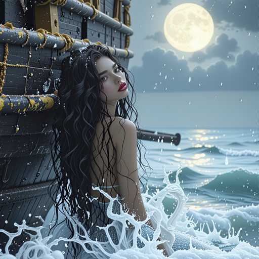 A woman with long dark hair is seen leaning against a ship's railing on the ocean. The ship appears to be made of wood and has gold accents. The sky above them is filled with clouds, suggesting an overcast day or possibly a stormy sea.