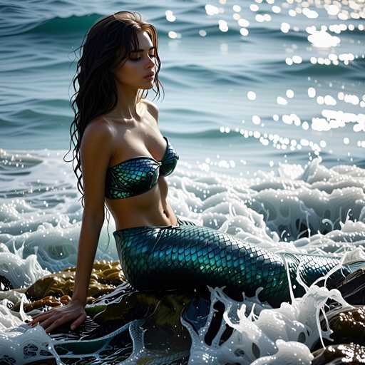 A woman is sitting on a rock by the ocean wearing a mermaid tail and bikini top.