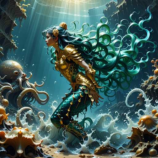 A woman with long, flowing green hair is depicted wearing a gold and blue outfit, standing on the shore of an underwater world filled with coral reefs and fish. The background features a deep blue color that contrasts with the vibrant green hues of the woman's hair and the surrounding marine life.