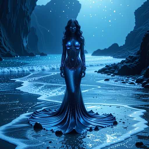 A woman stands on a rocky beach at night, wearing a mermaid tail and holding a seashell. The ocean is dark blue with white waves crashing against the shore, and the sky above is filled with stars.