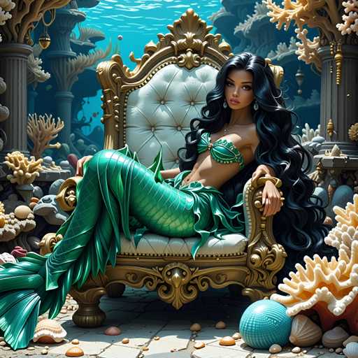 The image depicts a mermaid sitting on a golden throne with her hair styled in loose waves and wearing a green dress adorned with gold accents. The setting is underwater, featuring an array of coral reefs and other sea creatures surrounding the mermaid.