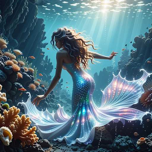 A woman with long brown hair and a mermaid tail is walking through an underwater coral reef filled with fish and other sea creatures.