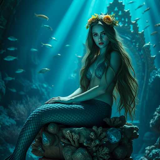 A woman with long blonde hair is seated on a rock formation in the center of an underwater scene. She is wearing a mermaid tail and has a crown made from flowers on her head. The background features a coral reef filled with fish, creating a vibrant underwater landscape.