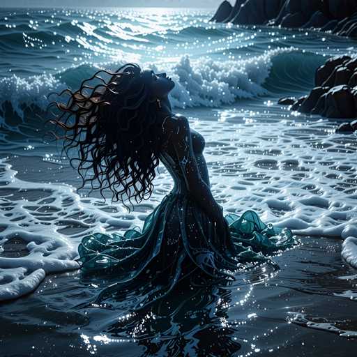 A woman with long brown hair is seen sitting on a rock by the ocean, wearing a blue dress and gazing out at the water.