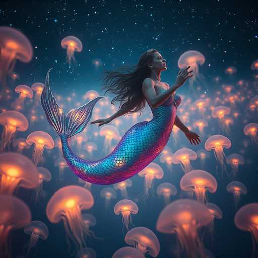 A mermaid with long dark hair is swimming through a sea filled with pink and orange jellyfish. The mermaid's tail is adorned with blue and purple hues that contrast beautifully against the deep blue background of the night sky.