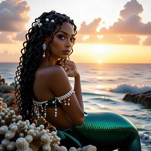 A woman with long dark hair is sitting on a rock by the ocean at sunset. She is wearing a green mermaid tail and has her hand resting on her chin as she gazes out towards the water. The sky above them is painted in warm hues of orange and yellow, reflecting off the calm waters below.