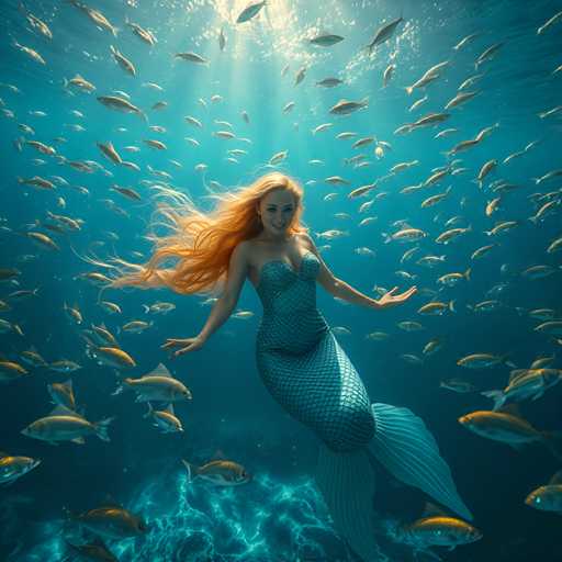 A woman with long red hair wearing a mermaid tail is swimming among a school of fish in the ocean.