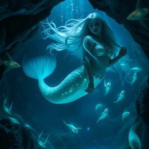 A mermaid with long blonde hair is swimming through a cave filled with fish and coral. The cave has a rocky exterior and the water surrounding it is blue-green.