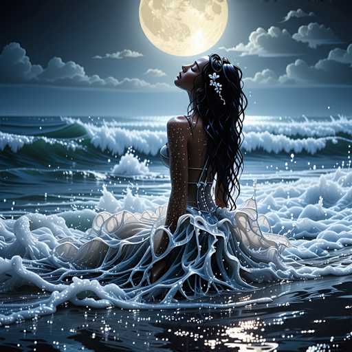 The image depicts a woman with long dark hair wearing a white dress and headband, sitting on the ocean floor during the night under a full moon. The background shows the vast expanse of the ocean with waves crashing against the shoreline.