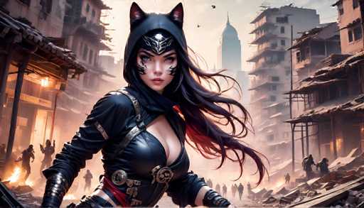 The image depicts a woman with long dark hair wearing a black hooded outfit and face paint, standing on the left side of the frame against an urban backdrop featuring buildings and rubble.