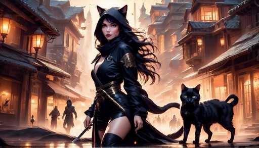 The image depicts a woman dressed as a werewolf and holding a sword, with her cat standing next to her on the right side of the frame. The background shows an urban setting with buildings and street lamps, suggesting that they are in a city or town.