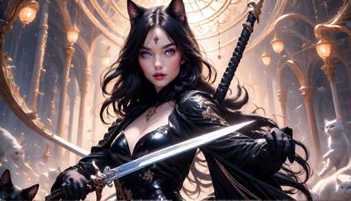 The image depicts a woman with long dark hair and bangs wearing a black outfit adorned with gold accents. She is holding two swords, one in each hand, positioned as if ready for battle or combat. The background features an ornate archway and several white cats scattered throughout the scene.