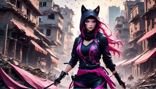 The image depicts a female character with pink hair and a black hoodie standing in the center of an urban setting. She is holding a sword in her right hand and has a cat-like appearance due to her long hair. The background shows buildings and other city elements typical of an urban environment, suggesting that she might be in a post-apocalyptic or war-torn area.
The image does not contain any discernible text.