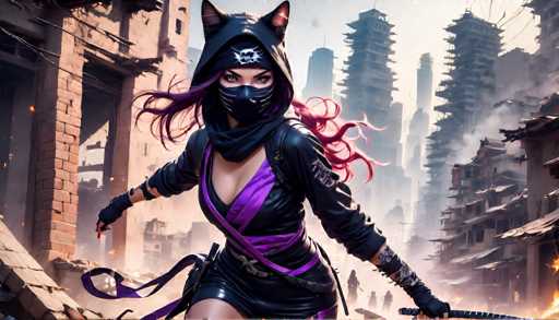 The image depicts a female character dressed in a purple and black outfit with a mask on her face, holding a sword and shield. The background shows an urban setting with buildings and smoke, suggesting the scene is set in a city or town during a battle or conflict.