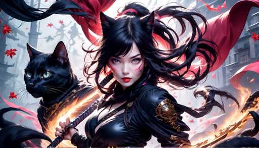 The image depicts a woman with long black hair and dark makeup, dressed in a black outfit that includes a necklace and earrings. She is holding a sword and shield, suggesting she may be a warrior or knight. The background features red and white elements, possibly representing fire and blood, which are common symbols of danger and power in mythology and folklore.