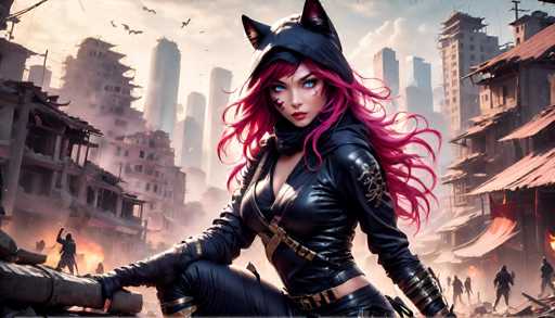 The image depicts a woman with pink hair and a black outfit, possibly a cat-like creature or a character from a video game, standing on the edge of a cliff overlooking a cityscape. The city is filled with buildings that appear to be in ruins, suggesting an urban environment.