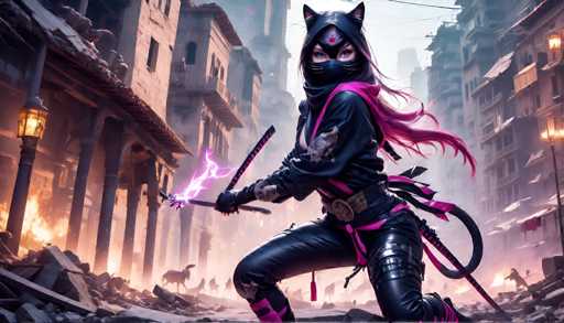 The image depicts a female character dressed in black and pink attire with a mask on her face, holding a sword and shield in her hands while standing in front of a cityscape filled with rubble and debris.