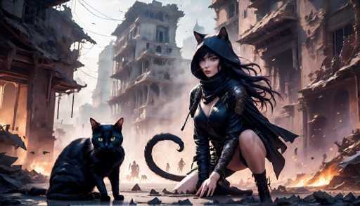 The image depicts a woman and her black cat sitting on a street scene with buildings in the background that appear to be in ruins. The woman is wearing a hooded outfit and has long hair, while the cat is sitting next to her.