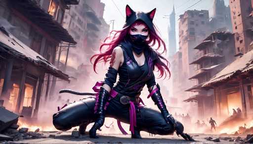 The image depicts a female character dressed as a cat with long hair and a mask, crouching on the ground in front of a cityscape filled with buildings and rubble.