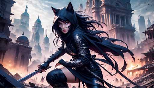 The image depicts a female character dressed in black attire with a hooded cape and holding a sword. The background features a cityscape with buildings of varying heights and designs, suggesting an urban setting.