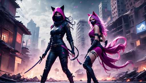 The image depicts two women dressed in black and pink outfits with cat ears, standing on a rooftop surrounded by rubble and debris from an urban setting. The woman on the left is holding a sword while the woman on the right has a cat ear accessory.