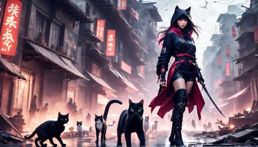 The image depicts a woman dressed in a black outfit with red accents and holding a sword, standing on the street surrounded by several cats of various colors including black, gray, and white. The background features buildings and signs written in Chinese characters.