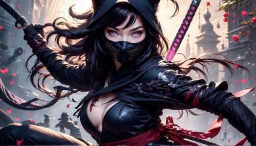 The image depicts a female character dressed in black attire with a red sash and a mask over her eyes, holding a sword and shield. The background features a cityscape with buildings and trees, suggesting an urban setting.